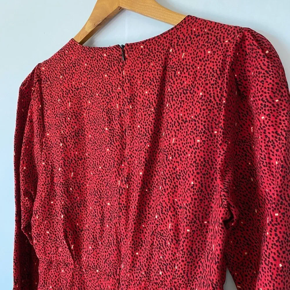 ZARA Red Black Print Side Ruched V-neck Long Sleeve Mini Dress - Picture 6 of 8